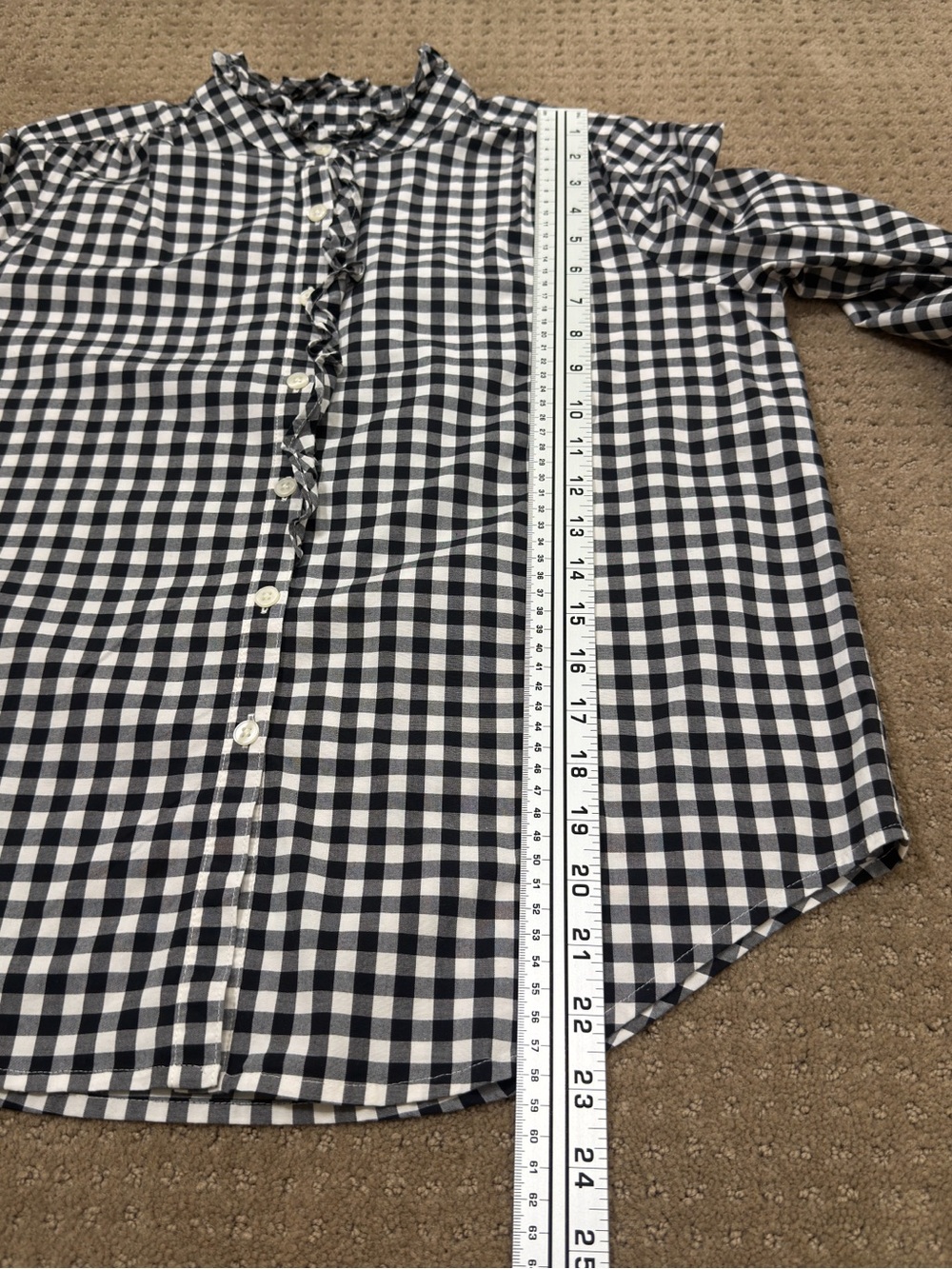 Ann Taylor Petite Black and White Gingham Ruffle Collar Button-Down Shirt - Picture 7 of 10